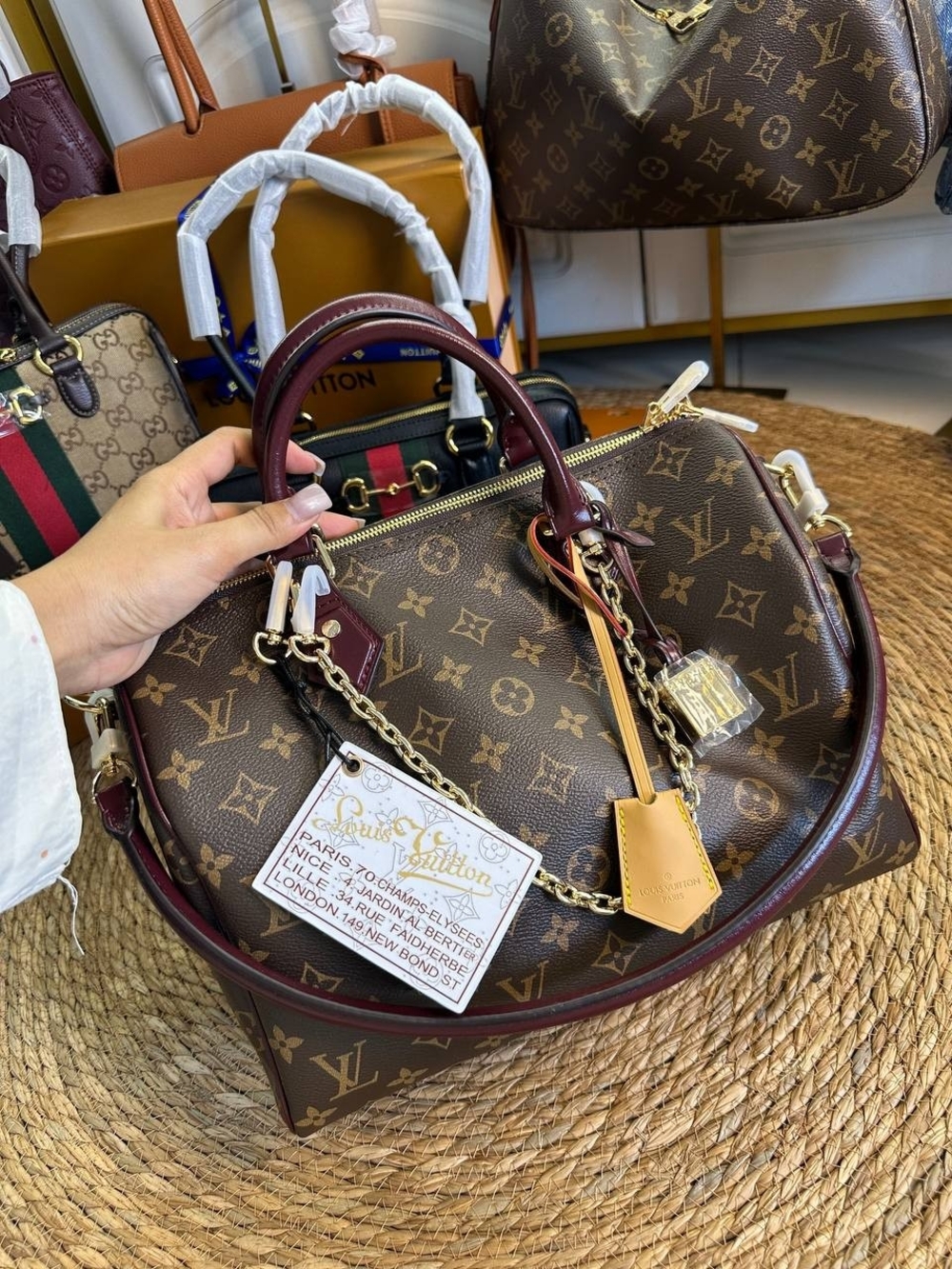 Louis Vuitton Monogram Canvas Satchel with Burgundy Trim and Gold Hardware